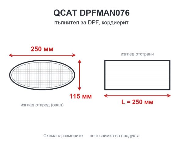 DPF пълнител от кордиерит, овал 250×115 мм, дължина 250 мм — QCAT DPFMAN076 DPF пълнител от кордиерит, овал 250×115 мм, дължина 250 мм — QCAT DPFMAN076